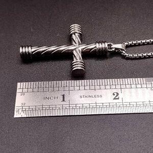 Silver Box Chain Necklace With Silver Twist Cross Men's Birthday Statement Gift